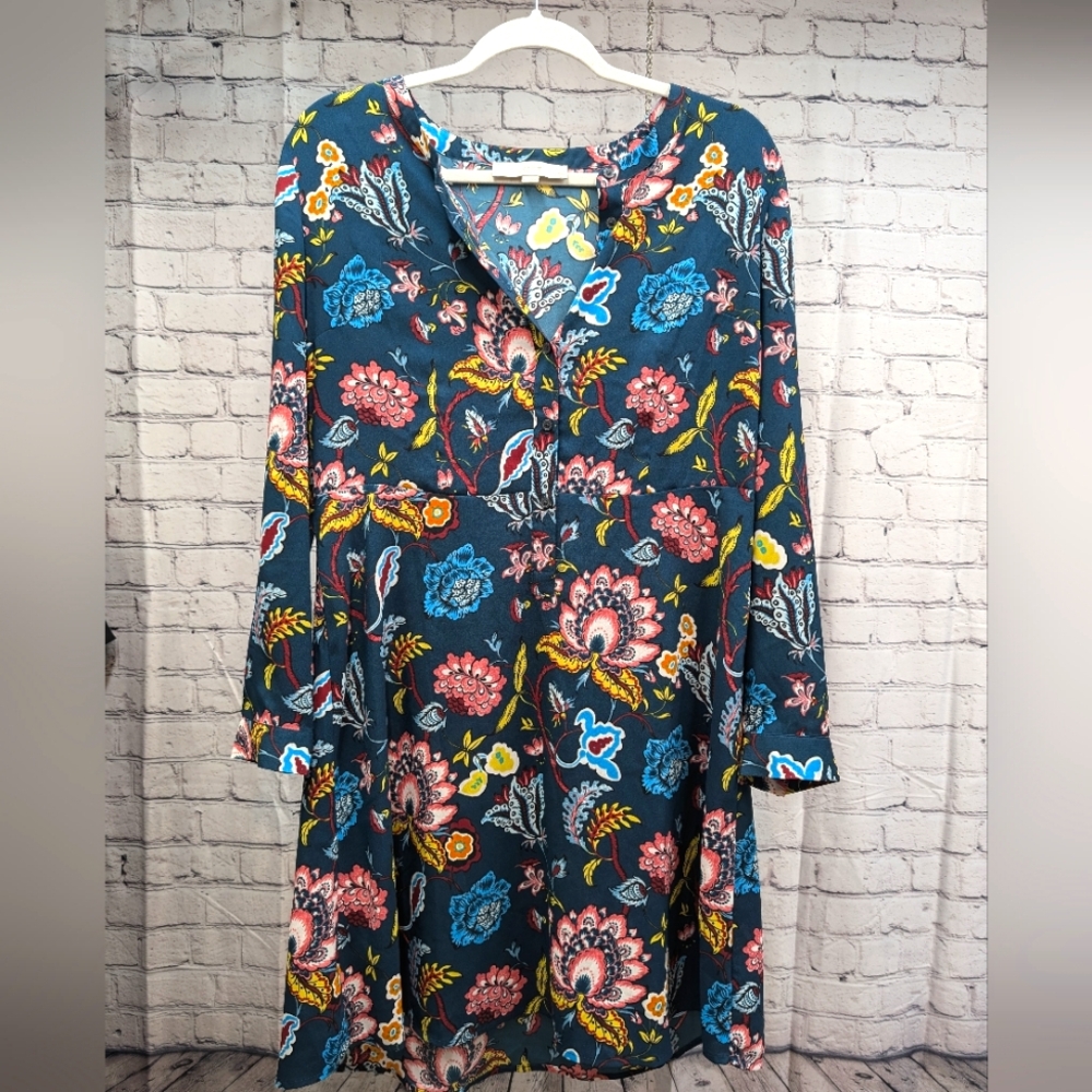 LOFT Navy Floral Tunic Dress with Pink, Blue & Yellow Accents